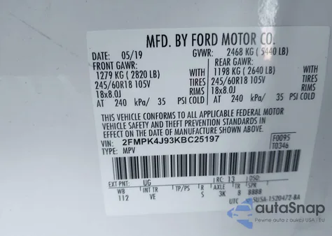 2019 Ford Edge Sel z USA, uszkodzony, nr VIN 2FMPK4J93KBC25197